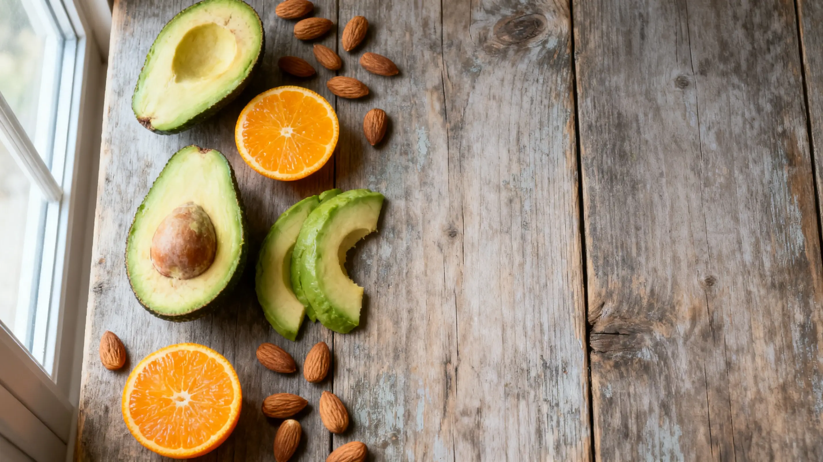 Avocado halves, orange slices, and almonds on rustic wooden surface near window