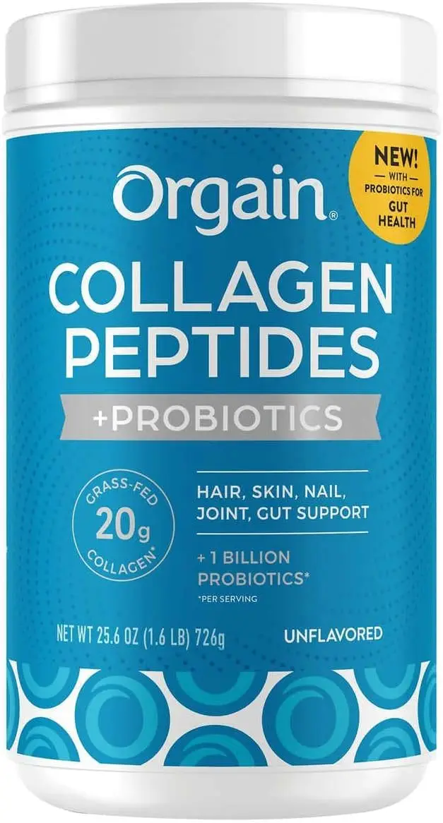Orgain Collagen Peptides container with probiotics label on blue background
