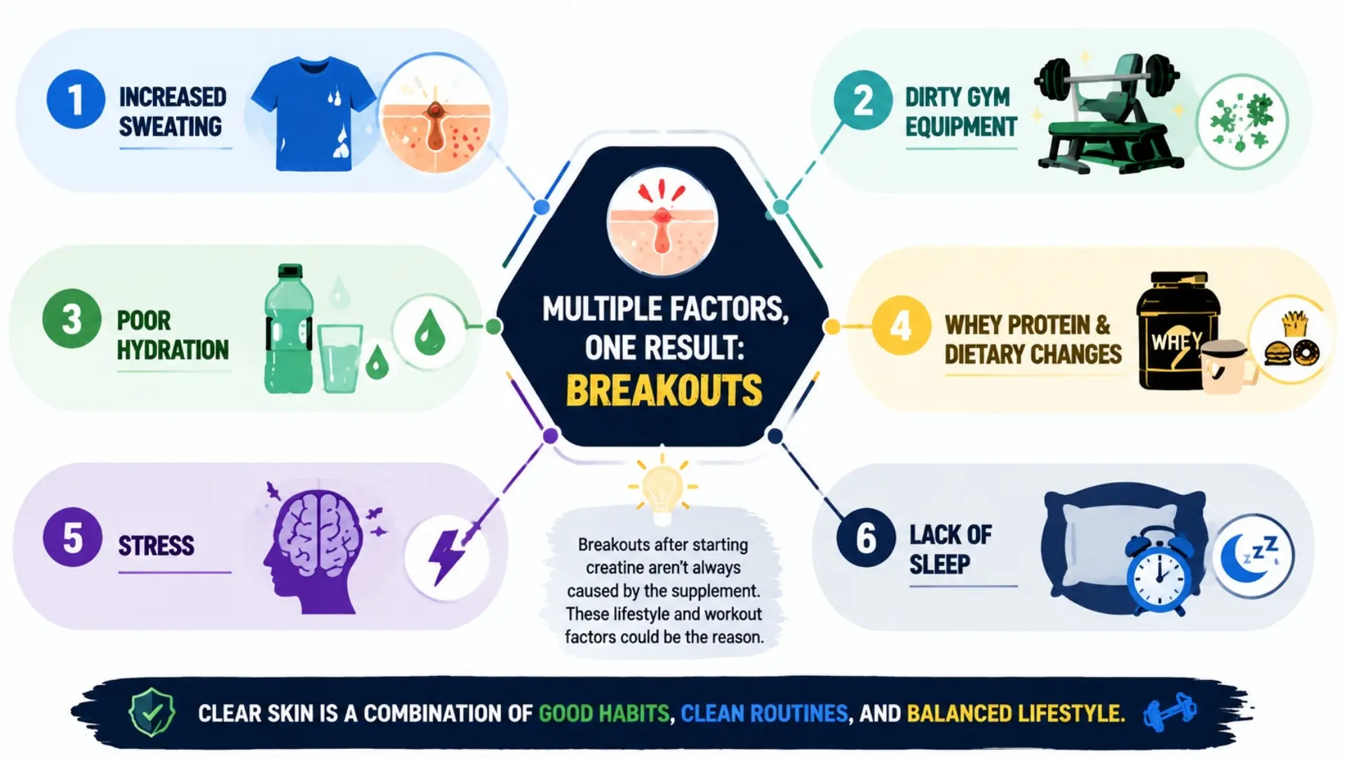 an infographic outlining 6 workout and lifestyle factors causing skin breakouts