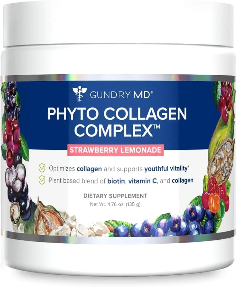 White supplement jar with blue label featuring berries and nuts illustration, labeled "Phyto Collagen Complex"