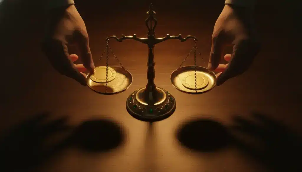 Hands adjusting balance scales on wooden table under soft lighting