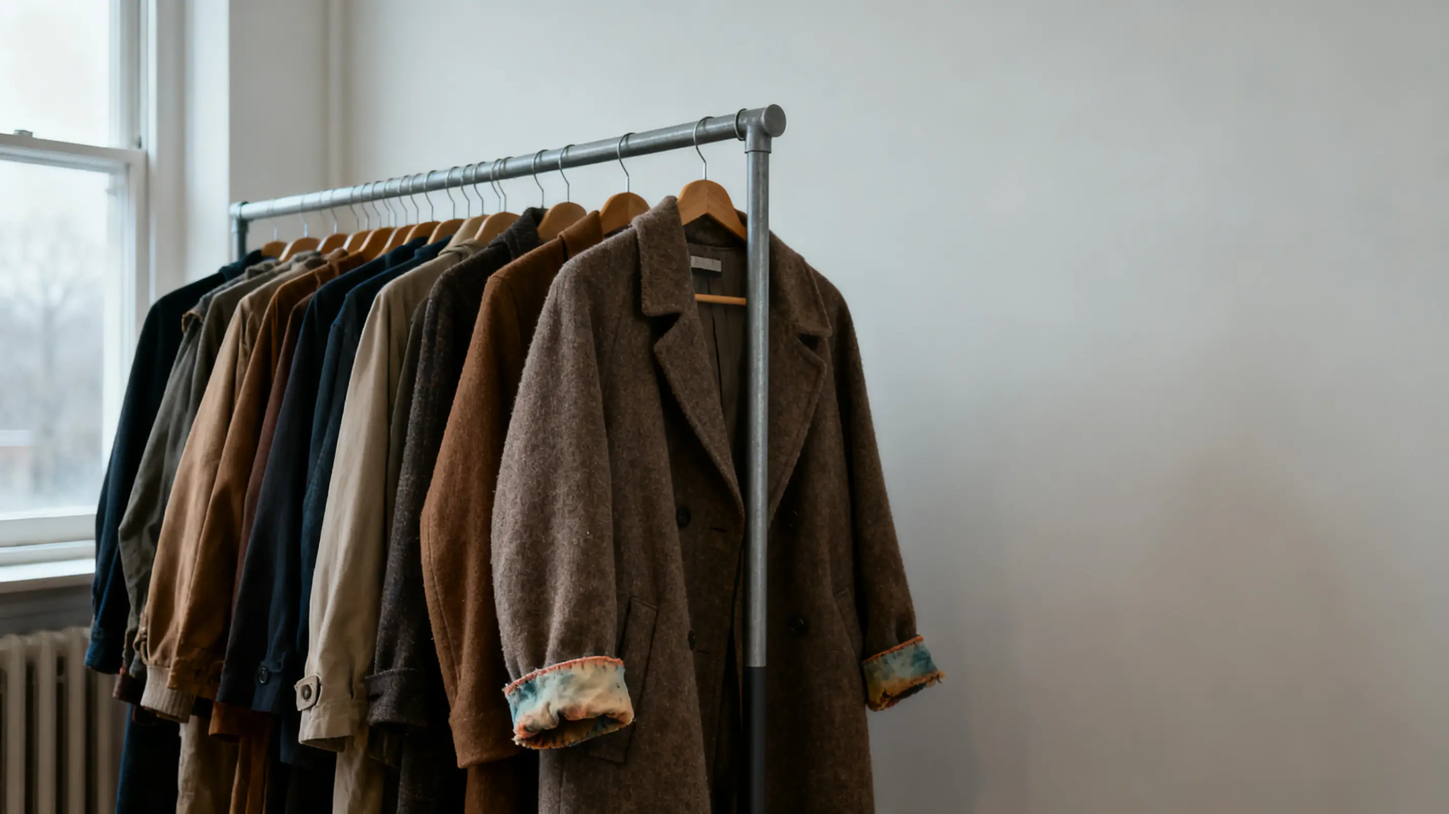 Coats on a metal rack in a minimalist room with natural light