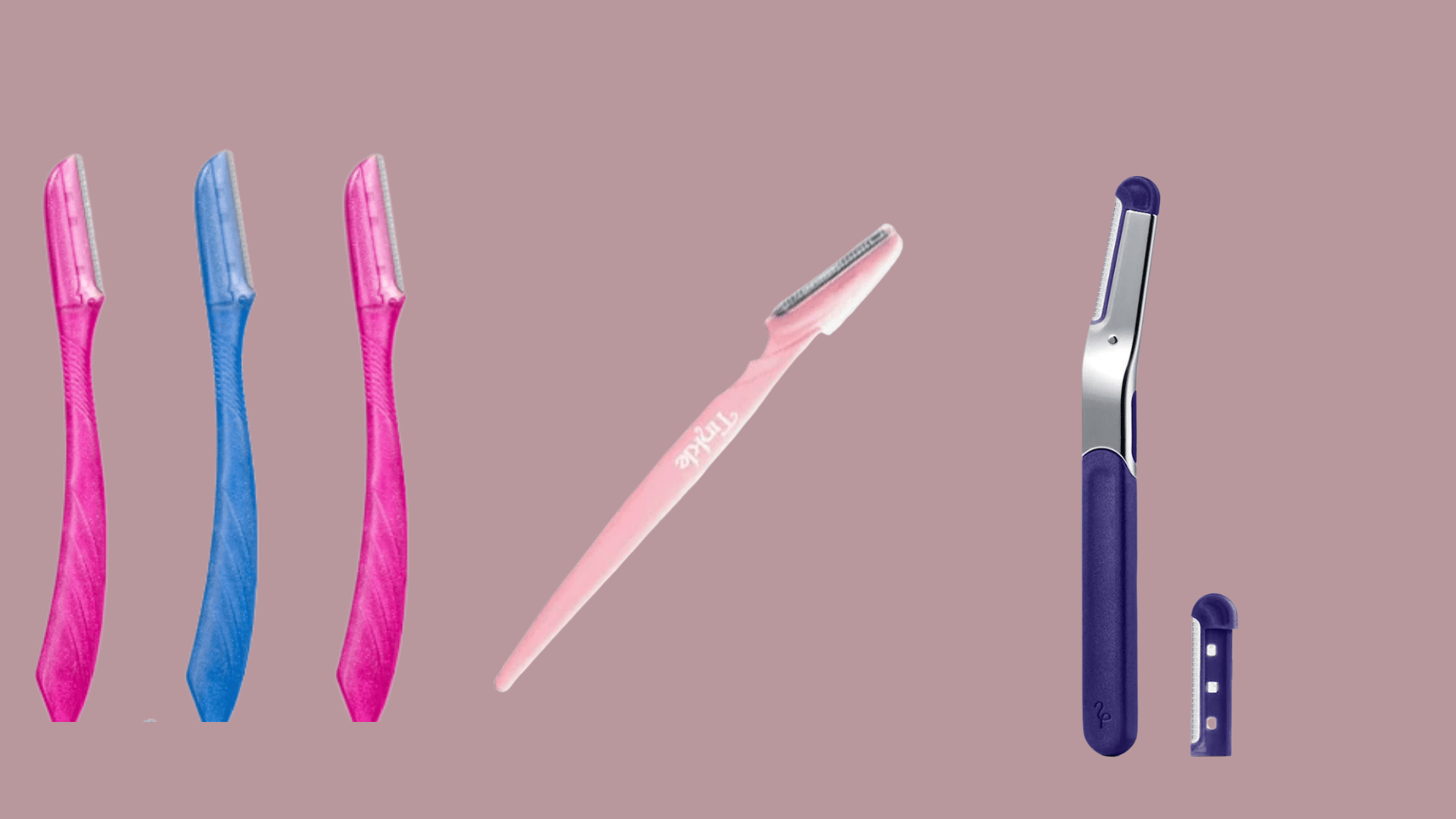 Eyebrow razors and facial grooming razors in pink, blue, and purple designs.