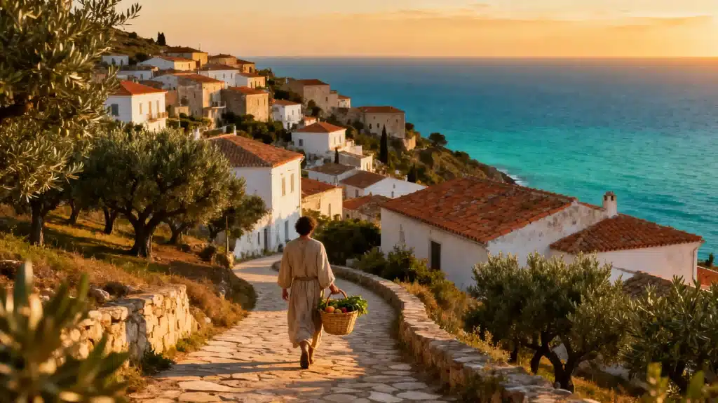 Person carrying basket on stone path in Mediterranean village during sunset