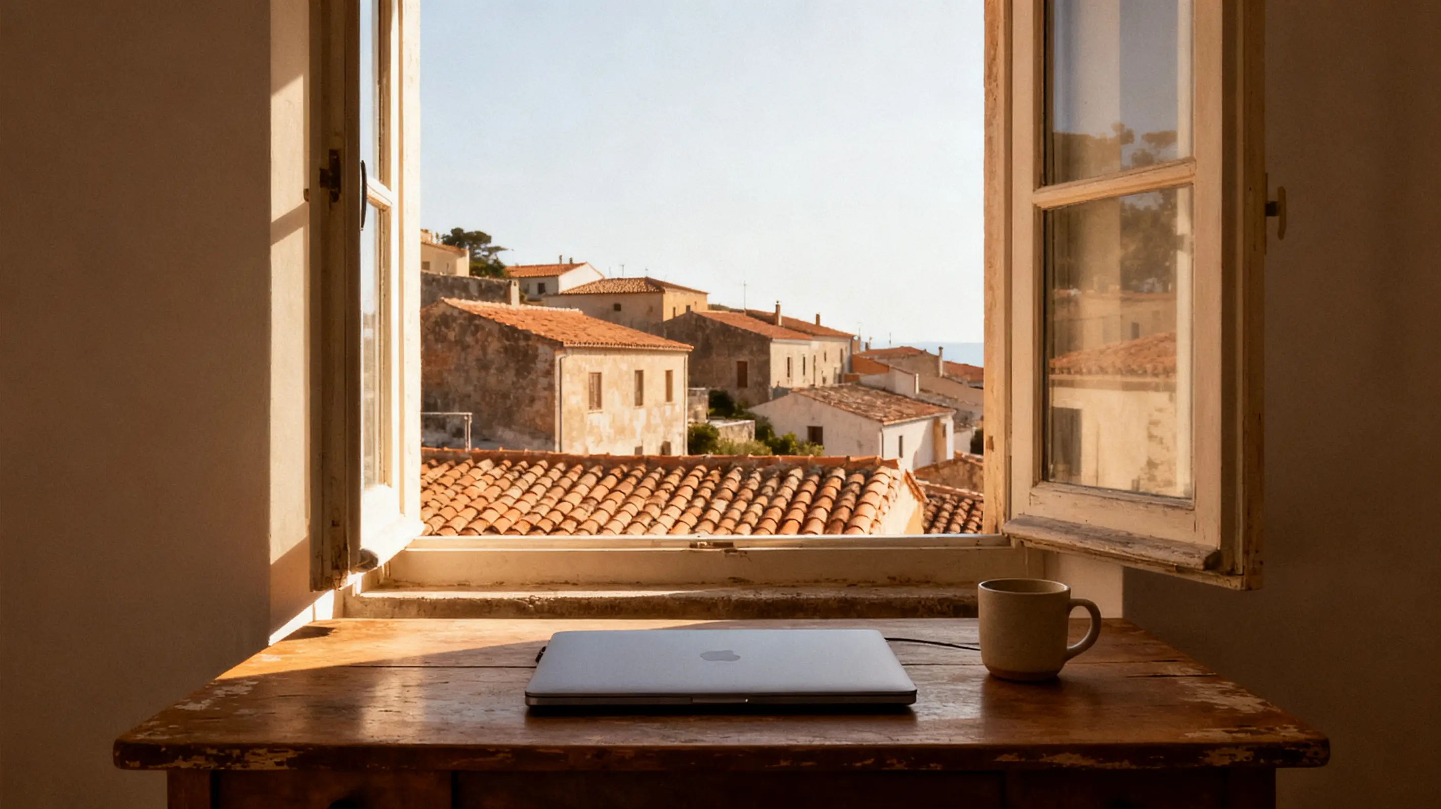 Open laptop and coffee mug on wooden table by window with view of rustic rooftops