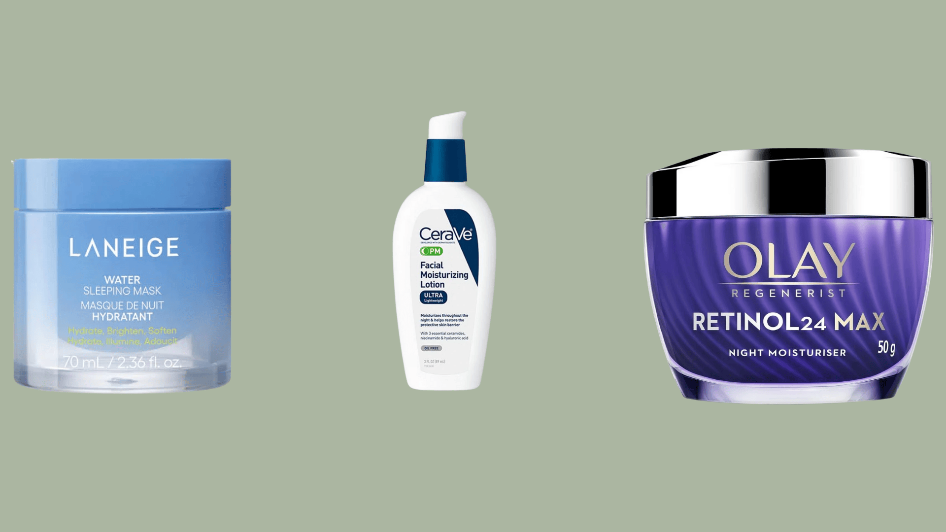 Night skincare moisturizers from Laneige Water Sleeping Mask, CeraVe PM Facial Lotion, Olay Retinol24 Max cream