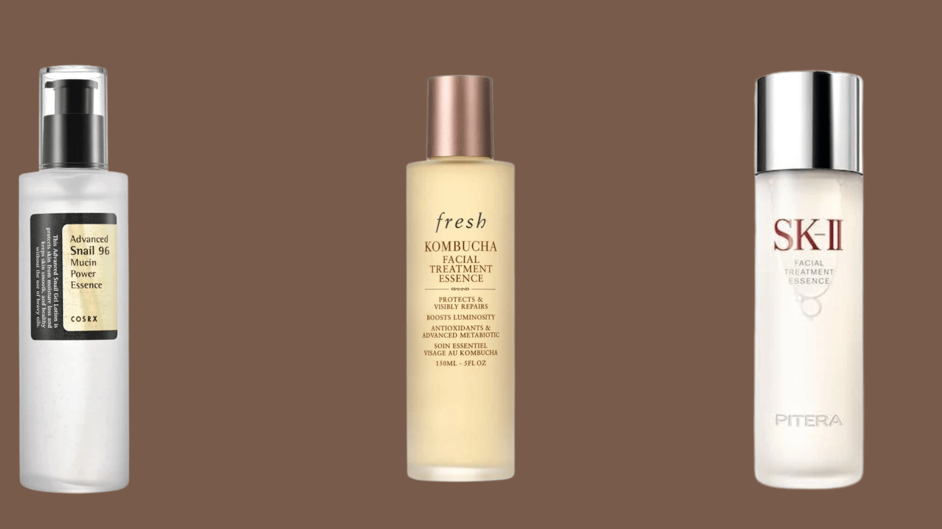 COSRX snail, Fresh kombucha essence, SK-II facial essence for morning skincare routine