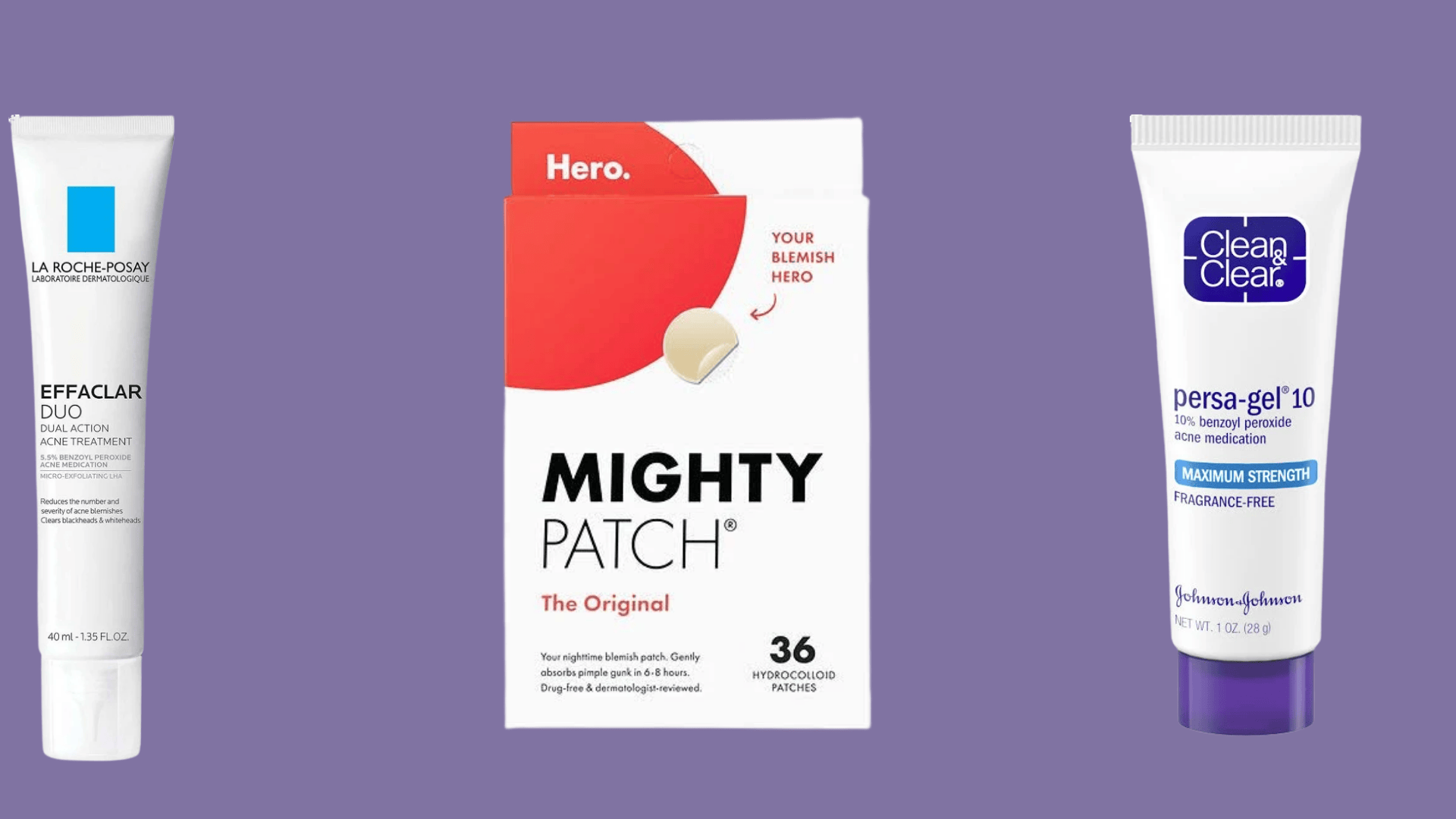 Acne spot treatments for morning skincare from Effaclar Duo, hydrocolloid patches, benzoyl peroxide gel