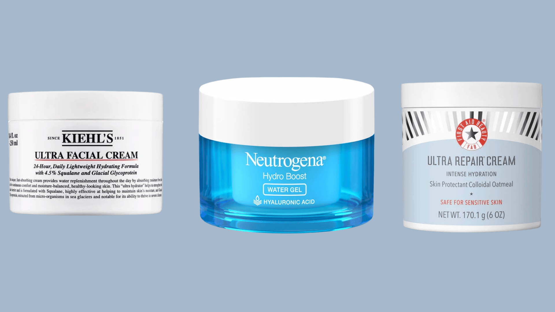 Kiehl’s Ultra Facial, Neutrogena Hydro Boost, First Aid Beauty Ultra Repair Cream moisturizers for morning skincare