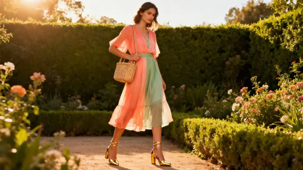 Woman in flowing pink and green dress walking in sunlit garden with woven basket bag