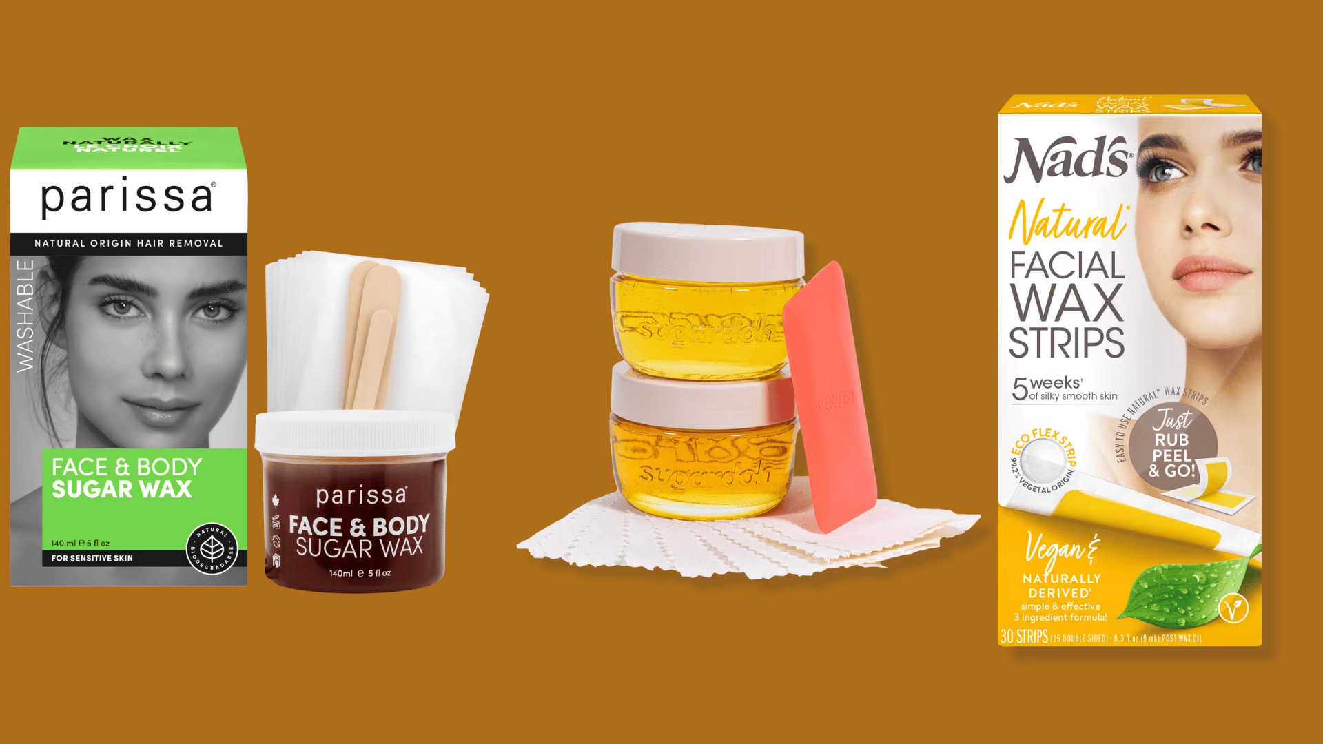 Facial hair removal products including sugar wax jars, wax strips, and at-home waxing kits.