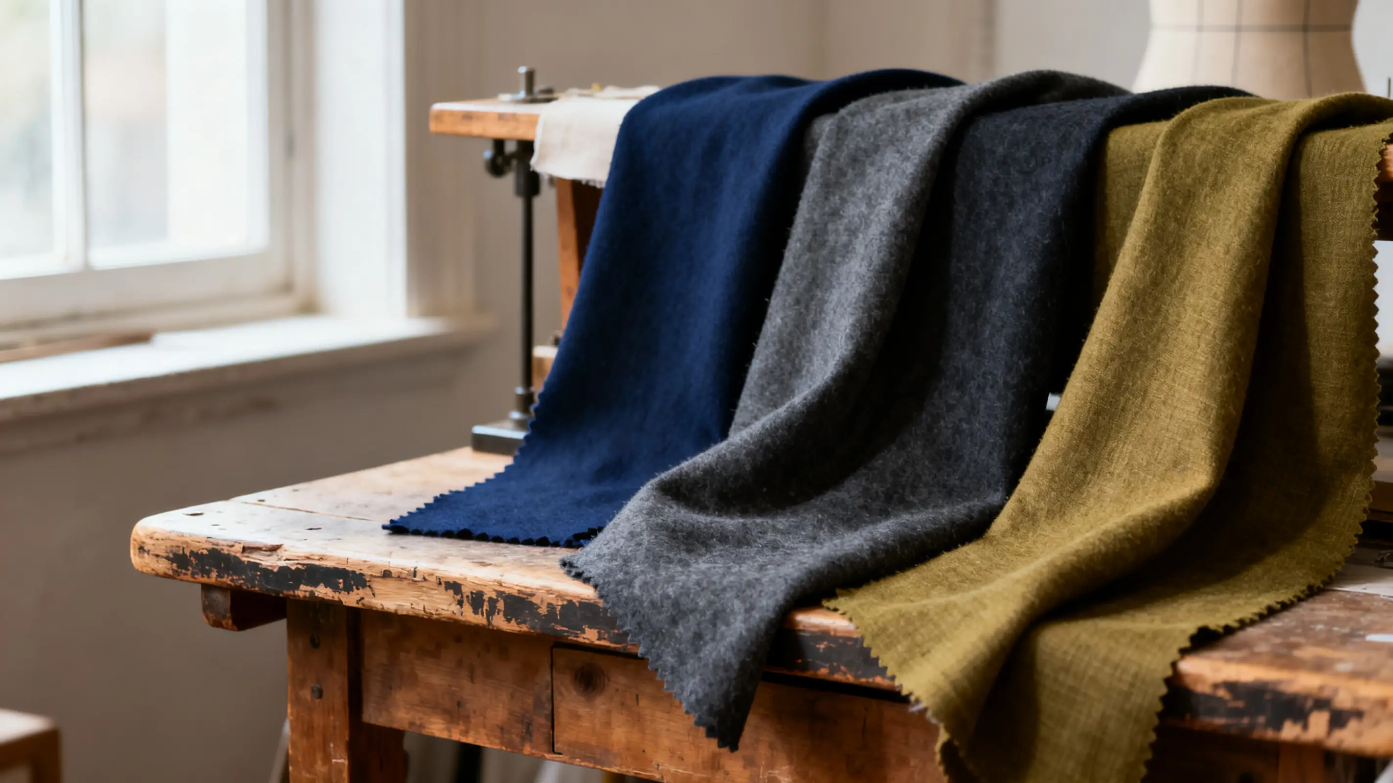 Textured wool fabrics in blue, grey, and green draped over rustic wooden table in well-lit studio