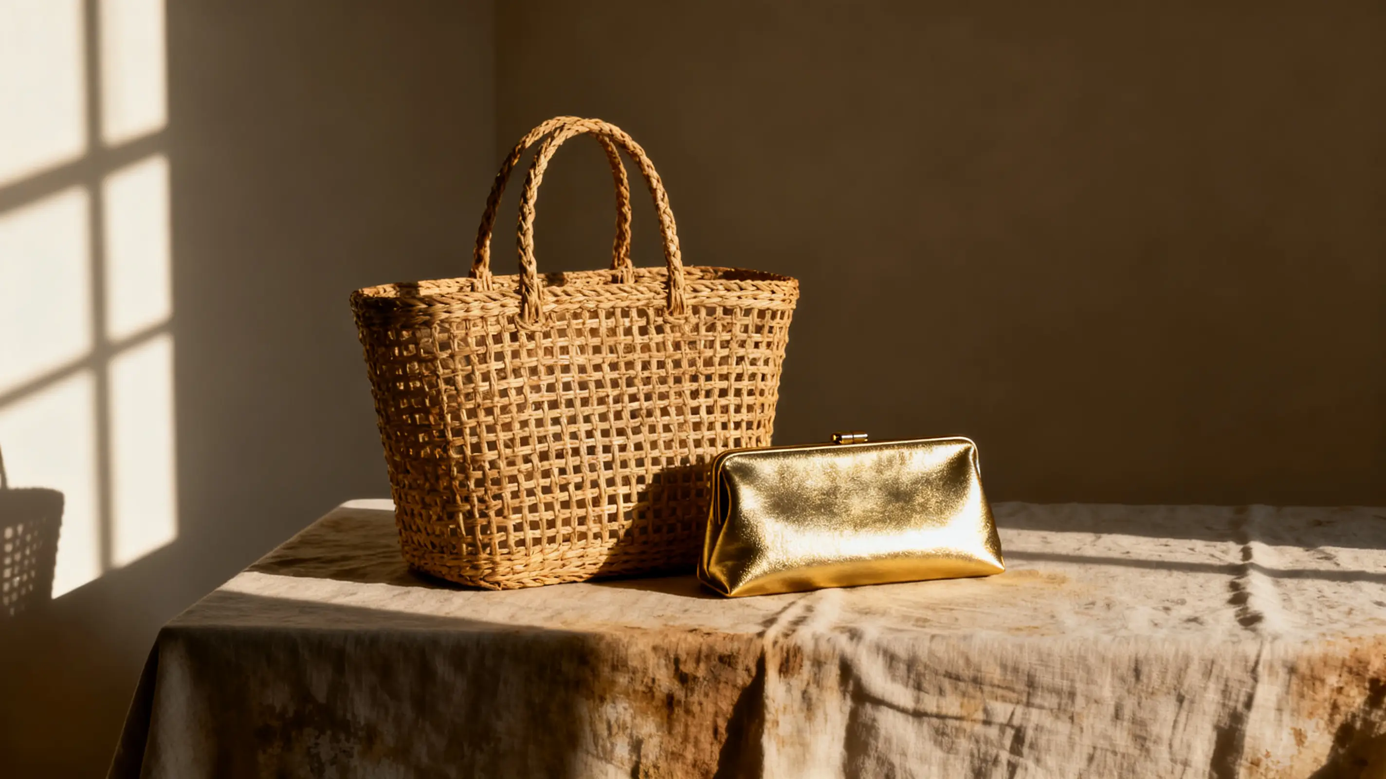 Woven straw tote and gold clutch on sunlit table with neutral background