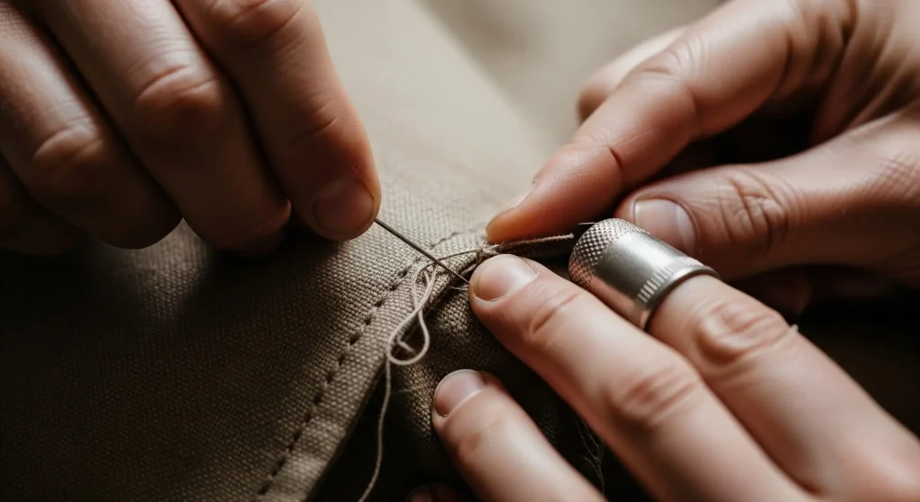 Hands sewing fabric with needle and thread, metal thimble on finger