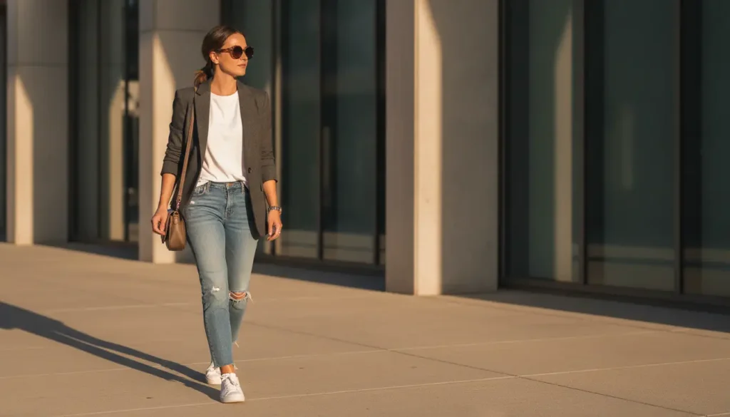 Woman in casual outfit walking outside modern building in warm sunlight