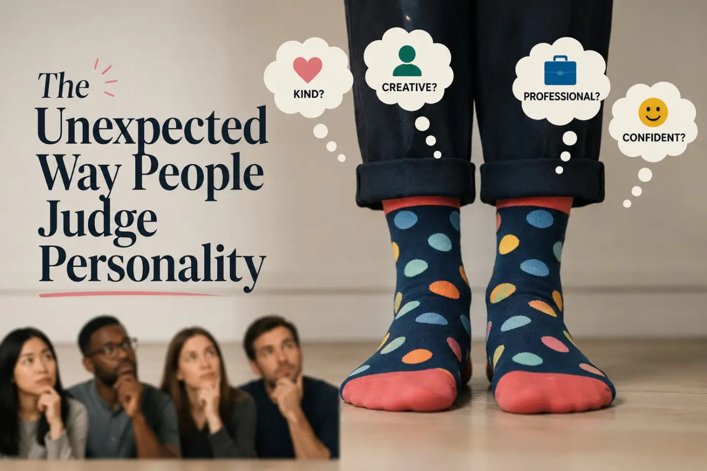 Colorful polka dot socks on wooden floor next to thought bubbles with diverse faces pondering