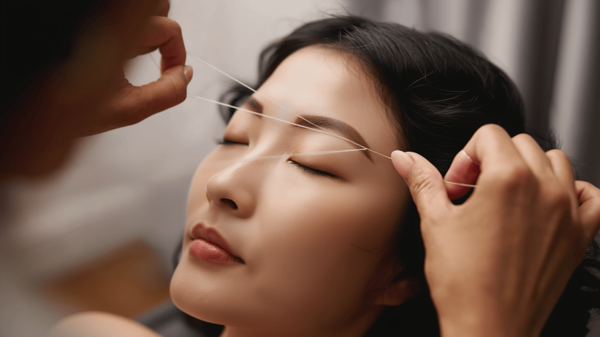 Beauty specialist performing eyebrow threading treatment for precise facial hair removal.