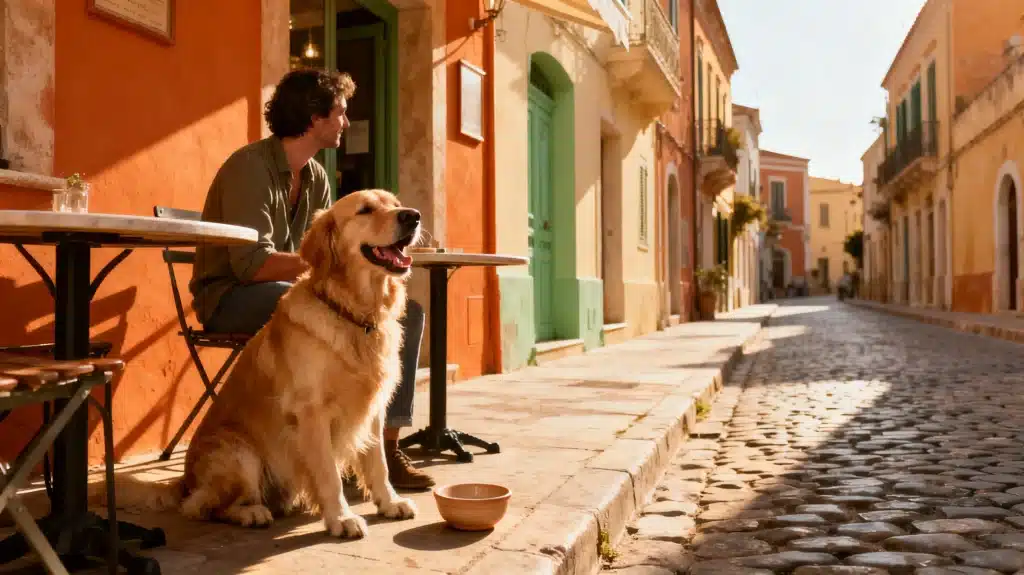 Golden retriever and man sitting at outdoor cafe on sunny cobblestone street