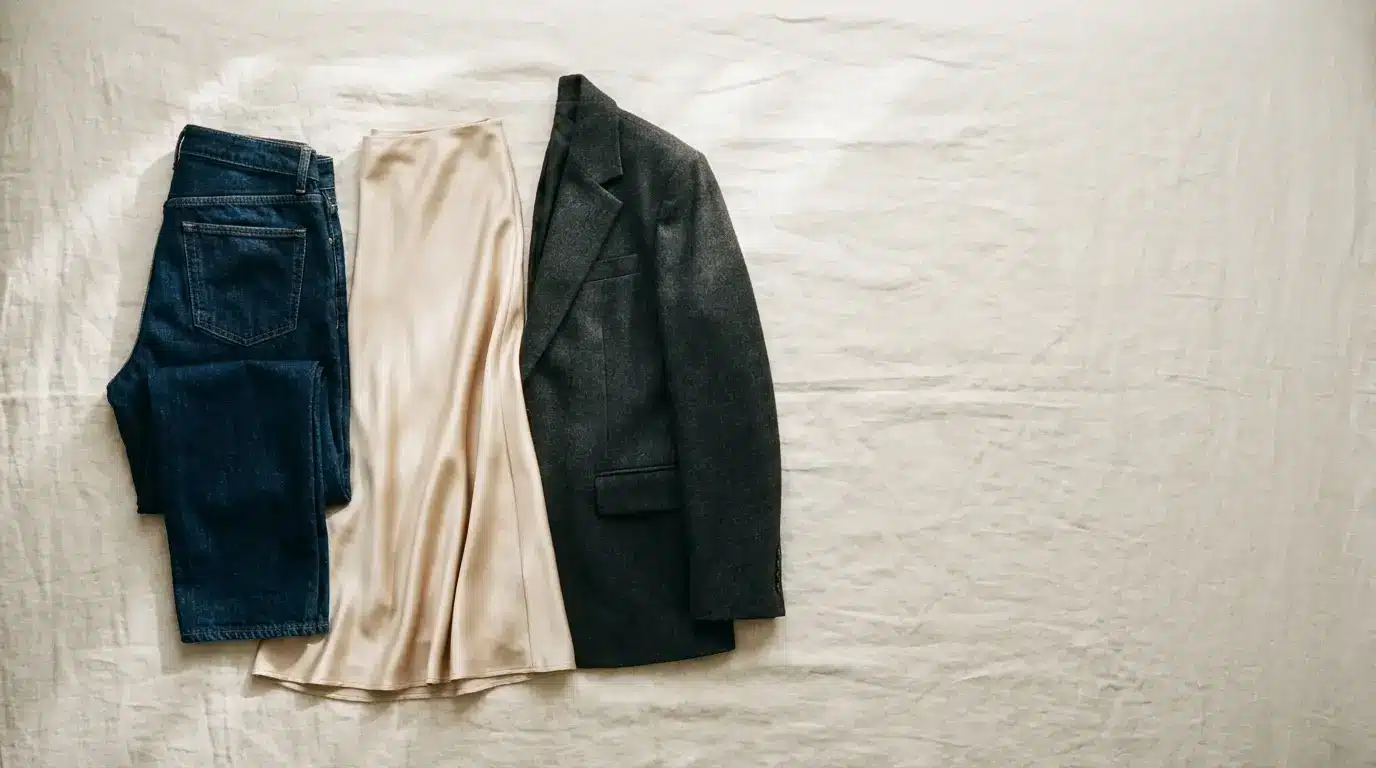 Dark blazer, beige silk dress, and blue jeans on light fabric background