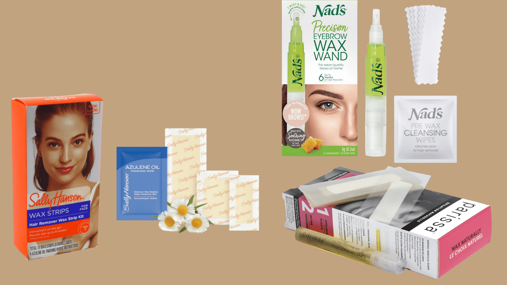 Eyebrow waxing kits, strips, wax pens, and cleansing wipes for facial hair removal.