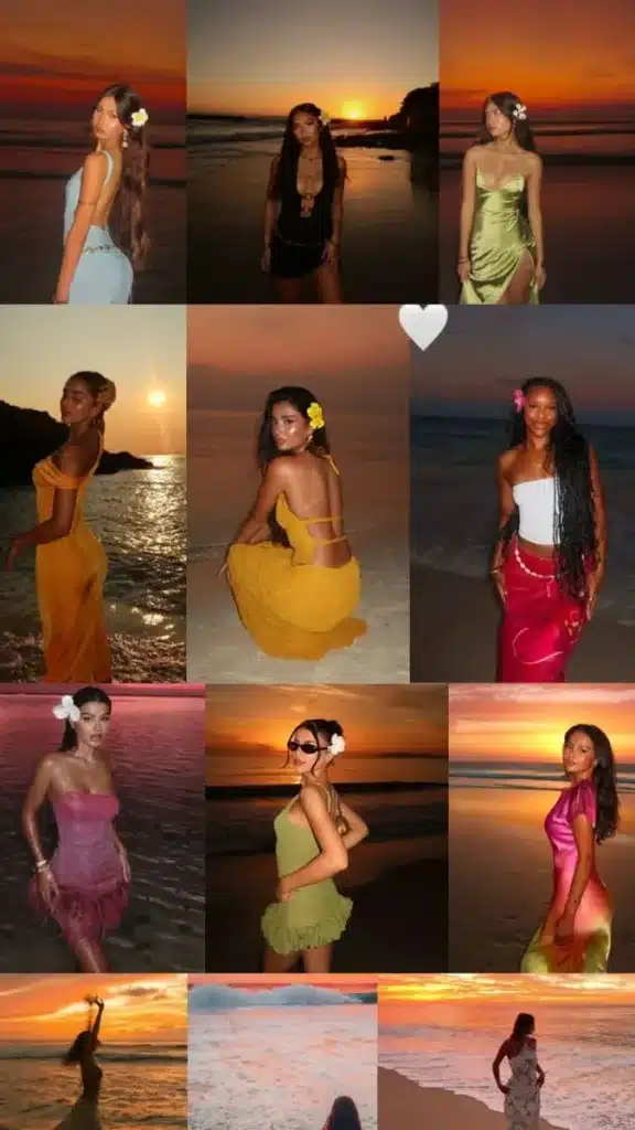 Women in colorful dresses posing on a beach at sunset, with ocean waves and vibrant sky.