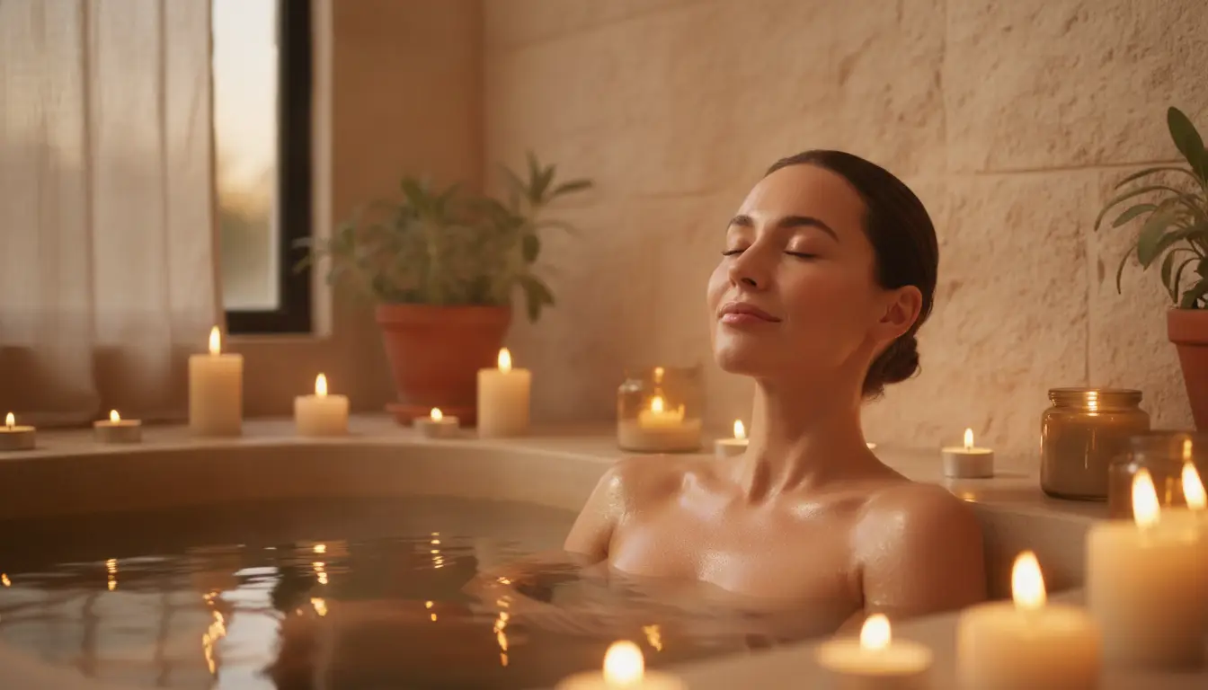 Woman relaxing in bathtub surrounded by lit candles and potted plants in serene bathroom setting