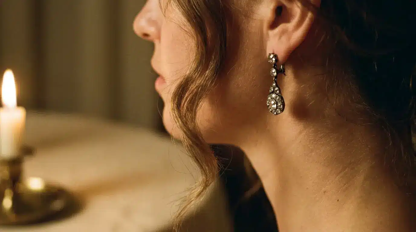 Elegant dangling earrings worn by a person in a dimly lit room with candlelight in background
