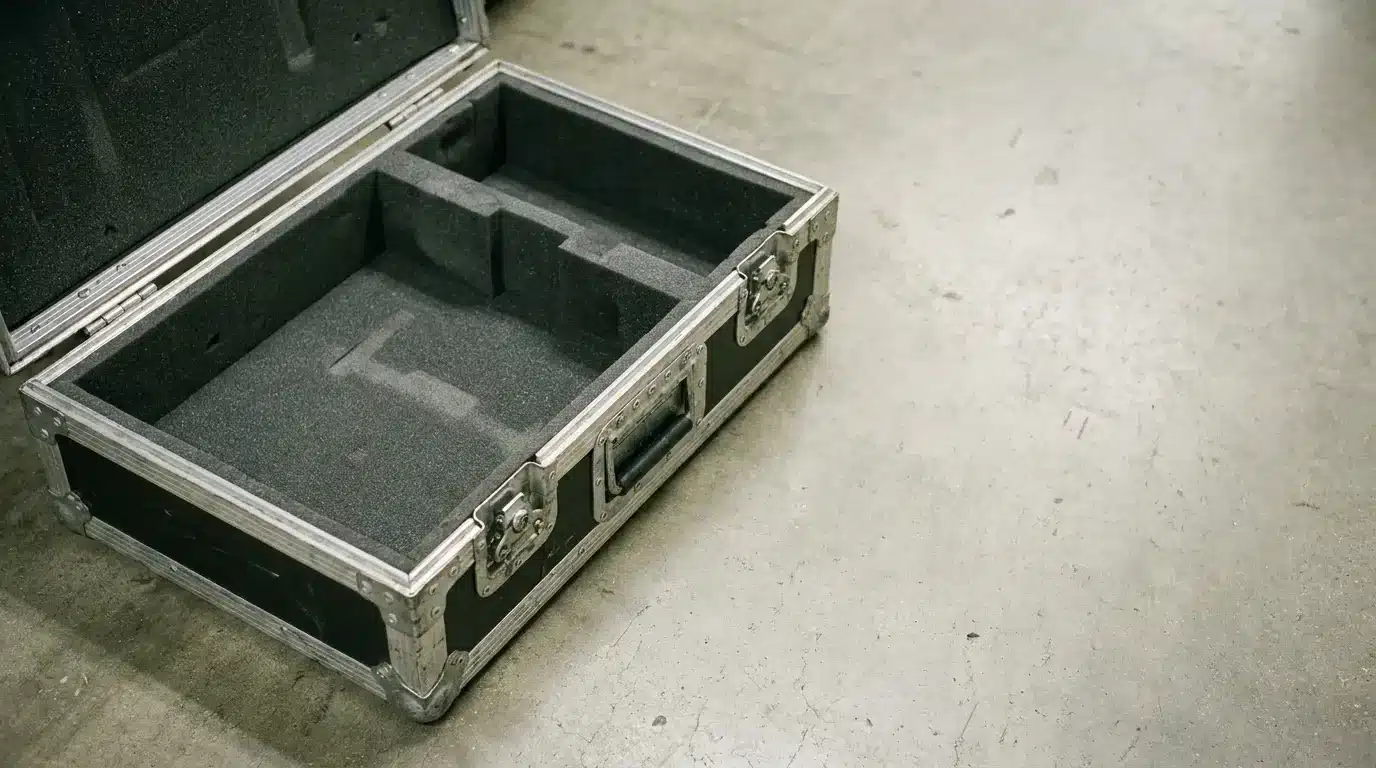 Open empty black foam-lined equipment case on a concrete floor in a warehouse setting