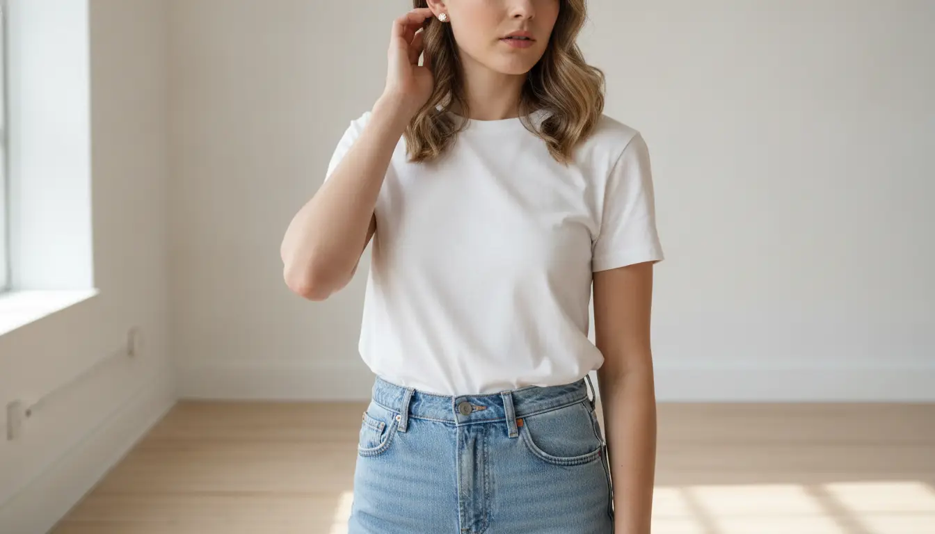 Person in white t-shirt and jeans standing in bright minimalist room