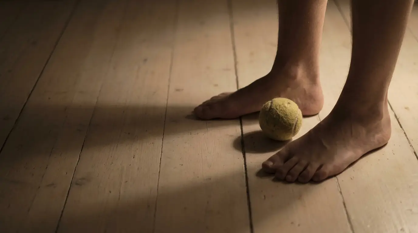 Bare feet standing next to a tennis ball on wooden floor in soft lighting