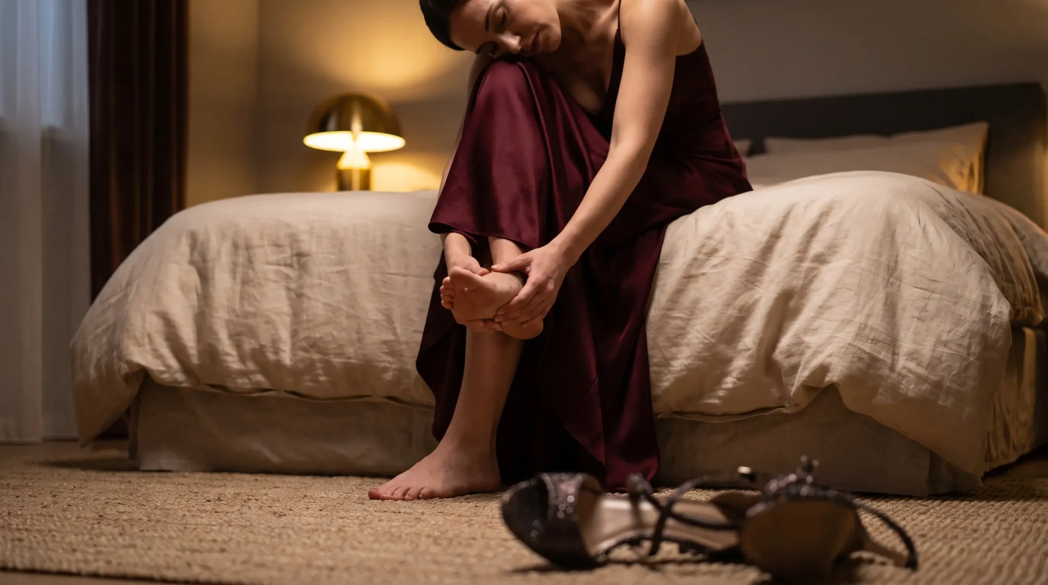 Woman in burgundy dress massaging foot on bed in softly lit bedroom, shoes on floor nearby